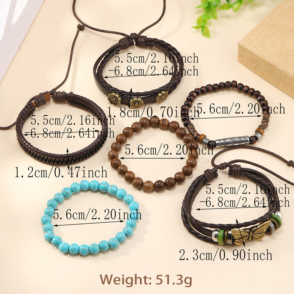 Wholesale Vintage Butterfly Flower Turquoise Leather Braided Set Leather Bracelet